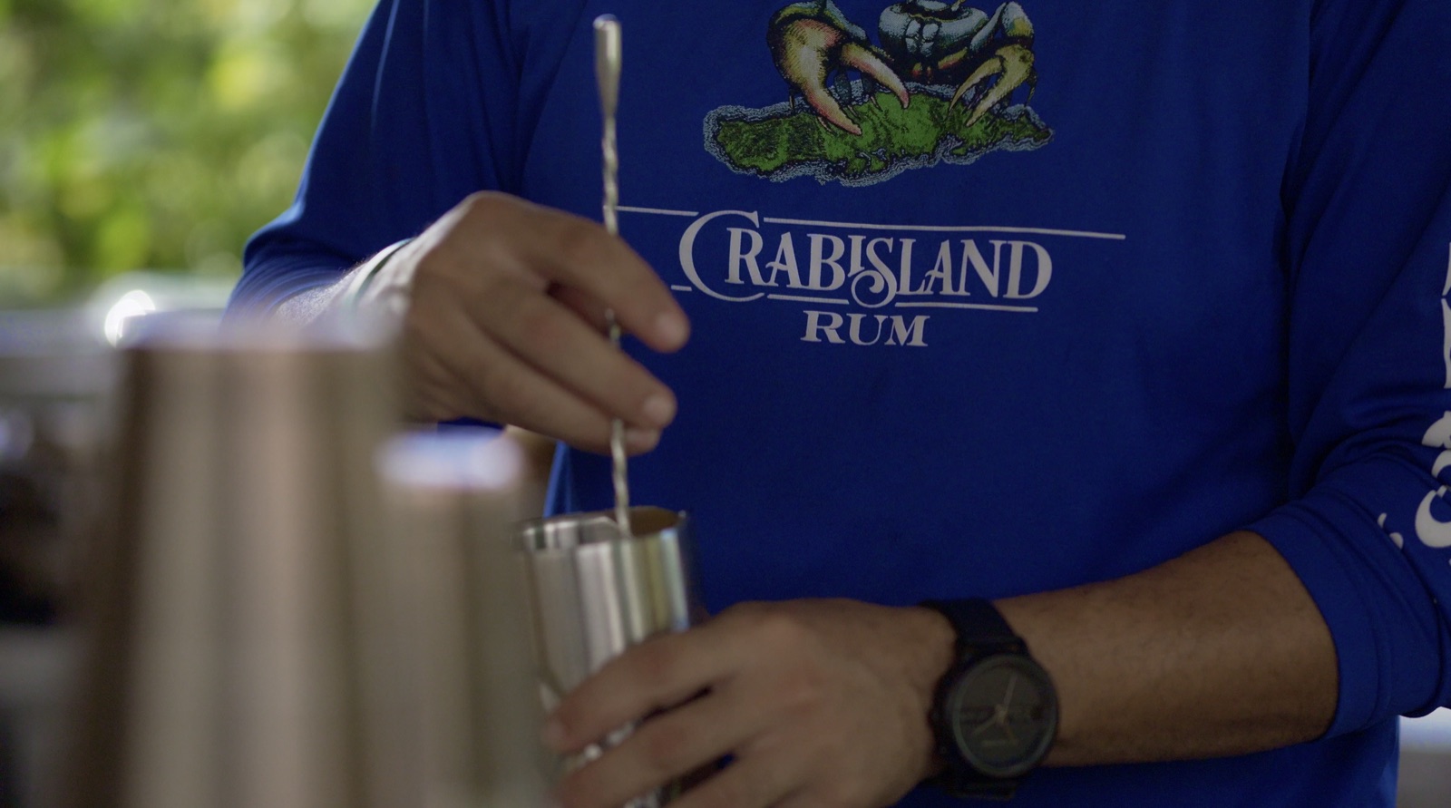 Mixing a cocktail for the Crab Island Rum brand film