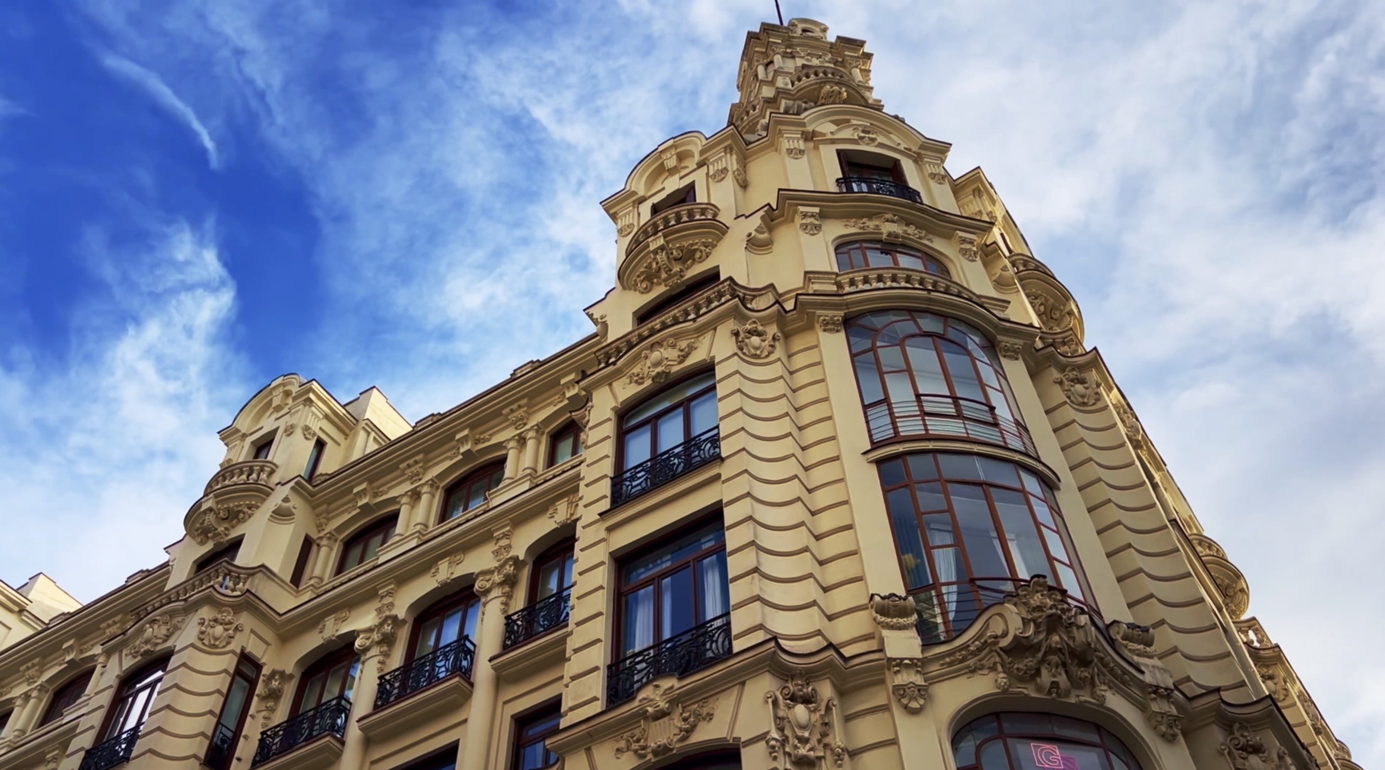 Ornate apartment facade, Madrid, Spain